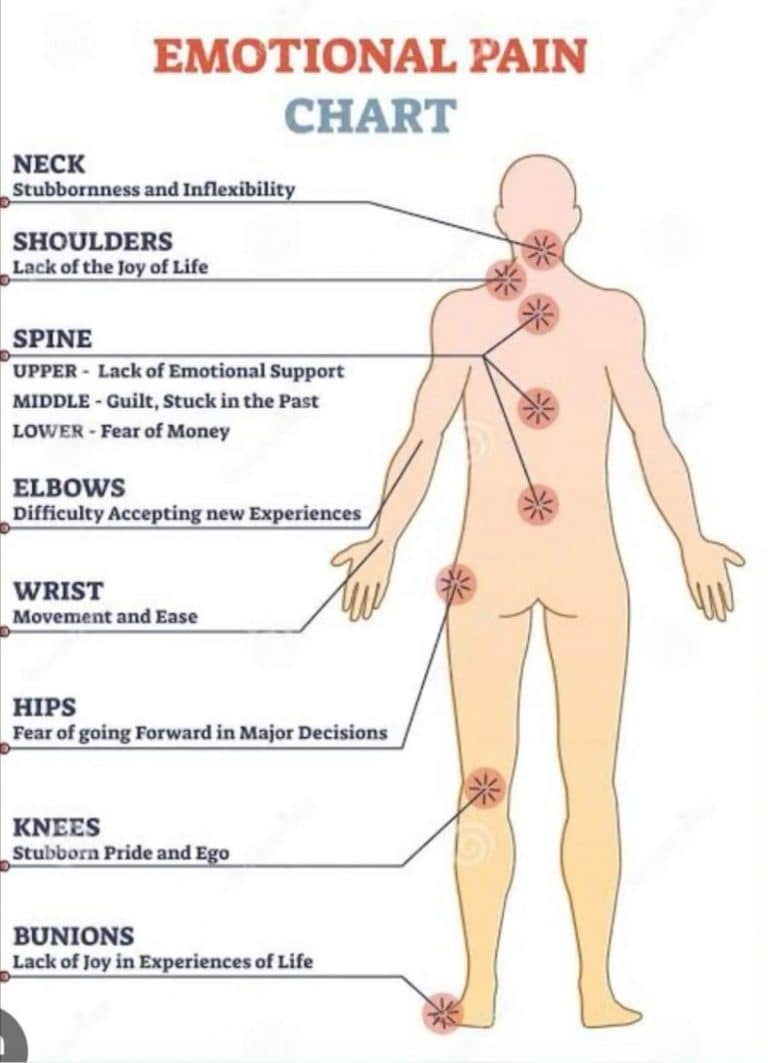 Diagram showing parts of the body linked to emotional pain